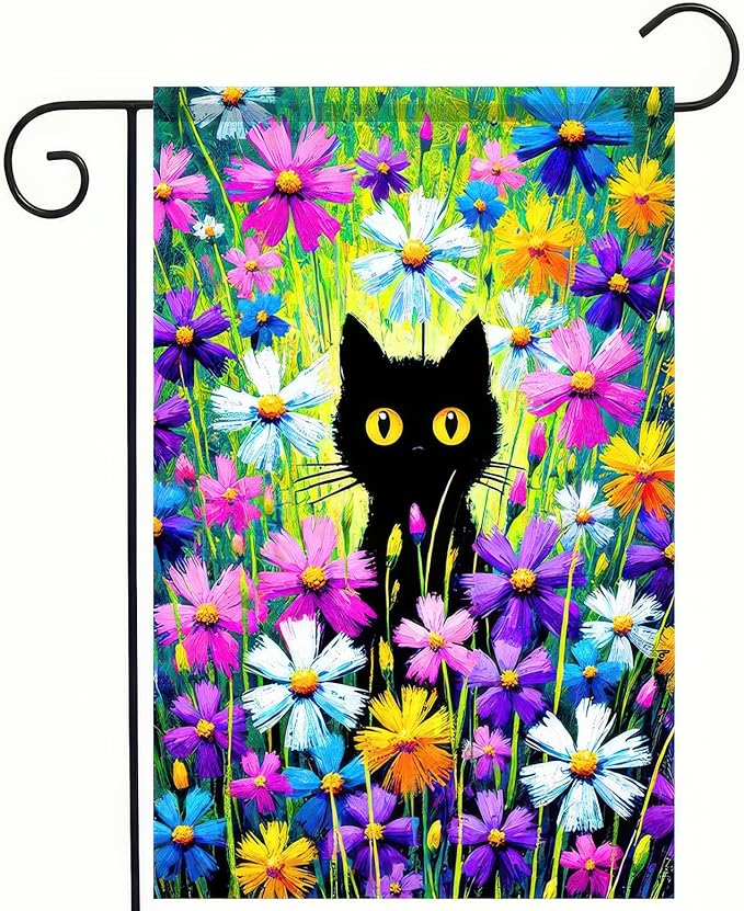 BlissYard Welcome Spring Summer Garden Flag Spring Black Cat Garden Flag 12x18 Double Sided Kitty Yard Lawn Daisy Pansy Flower Floral Outside Decoration Seasonal Farmhouse Outdoor Small Porch Decor