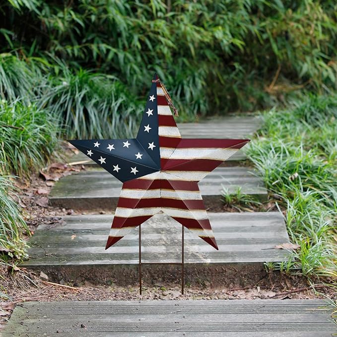 Morning View American Flag Garden Stake Patriotic Decor Metal Star US Flag Yard Sign Bar Star Outdoor Lawn Art Ornament 4th of July Memorial Day Veterans Day Independence Day 16.5 Inches Tall
