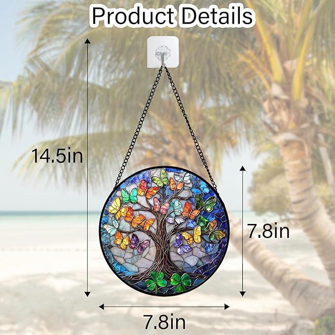 DASTOLL Stained Glass Window Hanging, Butterfly Tree Clover Sun Catchers Glass Panel Blue Suncatcher Decor for Birthday for Women, Men, Wife, Aunt, and Mom 7.8 in