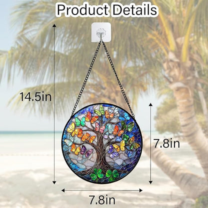 DASTOLL Stained Glass Window Hanging, Butterfly Tree Clover Sun Catchers Glass Panel Blue Suncatcher Decor for Birthday for Women, Men, Wife, Aunt, and Mom 7.8 in