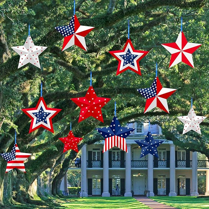 16 Pcs 4th of July Hanging Star Lawn Sign Star Patriotic Yard Signs Decorations Plastic Independence Day Garden Hanging Ornaments for Labor Day Veterans Day Memorial Day Home Garden Yard Tree Decor