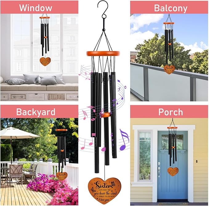 Sister Gifts Wind Chimes for Outside - Metal Windchime with Wooden Heart Pendant, Greeting Card & Black Gift Box - Birthday for Sister from Sister, Garden Patio Hanging Decor