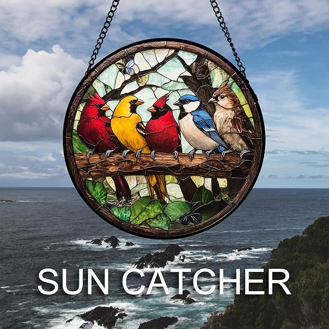Stained Glass Window Hanging Cardinal on Branch 6.3" - Brown Suncatcher Door Garden Patio Sun Catcher Home Decor Christmas for Bird Lovers Mom Woman Grandma Men Nana