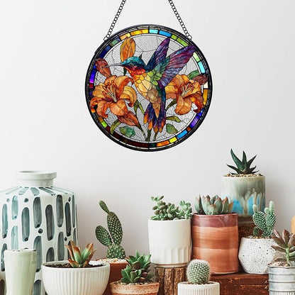 Hummingbird Flower Stained Glass Window Hanging Suncatchers, Hummingbird Bird Sun Catchers Indoor Window Glass Wall Art Decor, Bird Floral Wall Hanging Decorations Sculptures, 7.9x7.9in