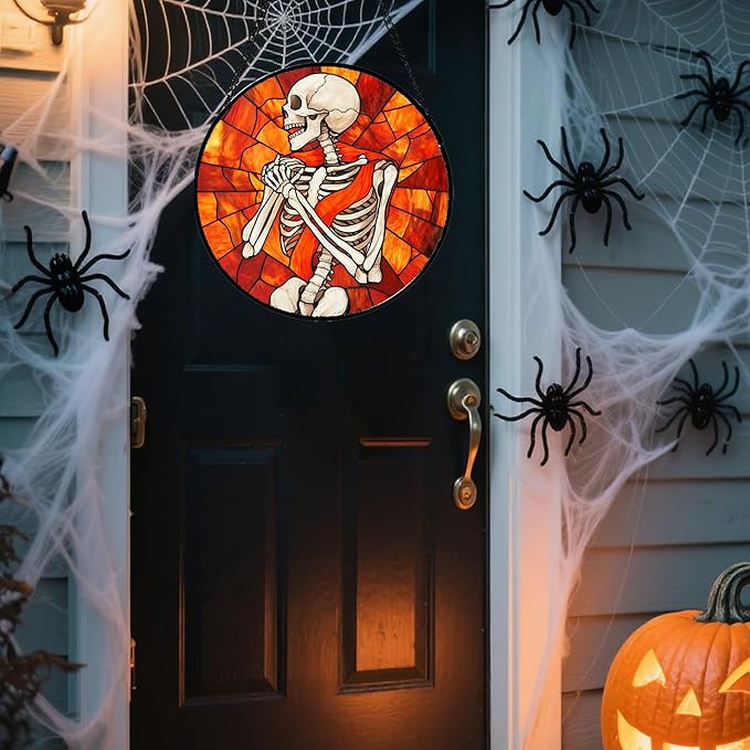 Stained Glass Window Hanging - Halloween Decorations Fear Skeleton Suncatcher for Doors Garden Indoor Spooky Funny Sun Catchers Gothic Decor Horror Gifts for Women Men Friend 9.8 in