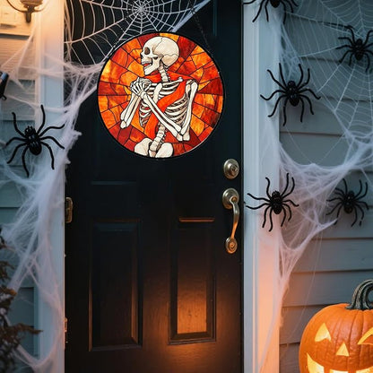 Stained Glass Window Hanging - Halloween Decorations Fear Skeleton Suncatcher for Doors Garden Indoor Spooky Funny Sun Catchers Gothic Decor Horror Gifts for Women Men Friend 9.8 in