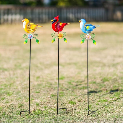 Birds Solar Garden Lights, 26" H Whimsical Decorative Solar Stake Light, 3 Pcs Outdoor Cardinal Statues Figurine Lights for Garden Lawn Patio Yard Decoration