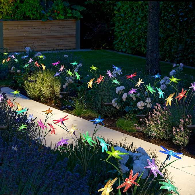 2PCS Outdoor Solar Lights, Waterproof Solar Lights Outdoor Pathway, Solar-Powered Garden Swing Dragonfly Decorative Lights for Yard Balcony Flower Bed, Gardening Plant Lovers
