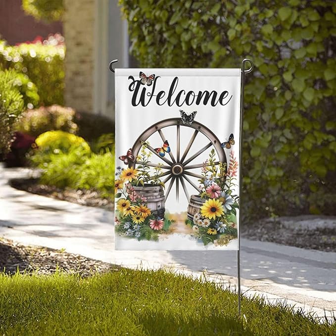 Wagon Wheel With Flowers Butterflies Garden Flags 12×18 Inch Double Sided Decorative Yard Banner Seasonal Flag for Outdoor Outside Decor