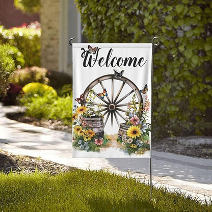 Wagon Wheel With Flowers Butterflies Garden Flags 12×18 Inch Double Sided Decorative Yard Banner Seasonal Flag for Outdoor Outside Decor