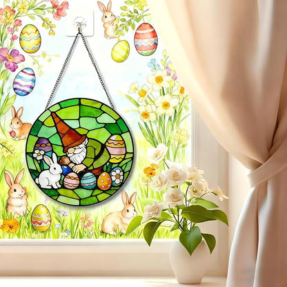 Funoasis Stained Glass Window Hanging Suncatcher - 6.3 Inches Easter Eggs and Rabbit Gnome Ornaments Sun Catcher Home Decor Spring Decoration