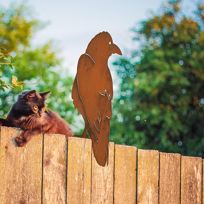 13.5 x 8.25 Inches Raven Bird Silhouette Metal Birds Rusty Crow Statue Metal Birds Fence Topper Yard Decor Fake Crow for Autumn Outdoor Tree Ornaments