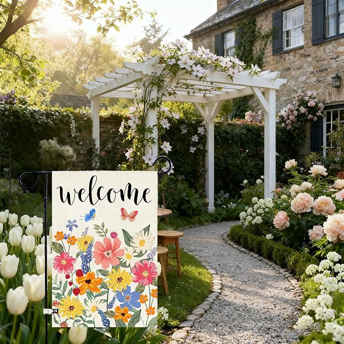 Baccessor Spring Summer Welcome Garden Flag Double Sided 12.5 x 18 Inch Burlap with Clip and Stopper,Floral Butterflies Flag Seasonal Farmhouse Front Yard Lawn Outside Outdoor Decoration