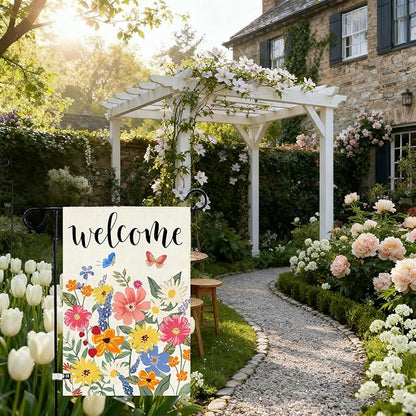 Baccessor Spring Summer Welcome Garden Flag Double Sided 12.5 x 18 Inch Burlap with Clip and Stopper,Floral Butterflies Flag Seasonal Farmhouse Front Yard Lawn Outside Outdoor Decoration