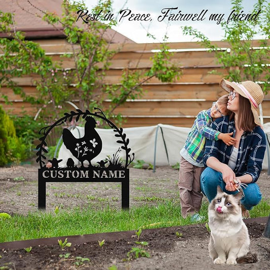 Personalized Metal Chicken Garden Signs with Stake, Custom Garden Signs for Outside Waterproof, Customized Name Sign Yard Lawn Gardens Decor Gardening Gifts for Moms Grandmas Gardeners