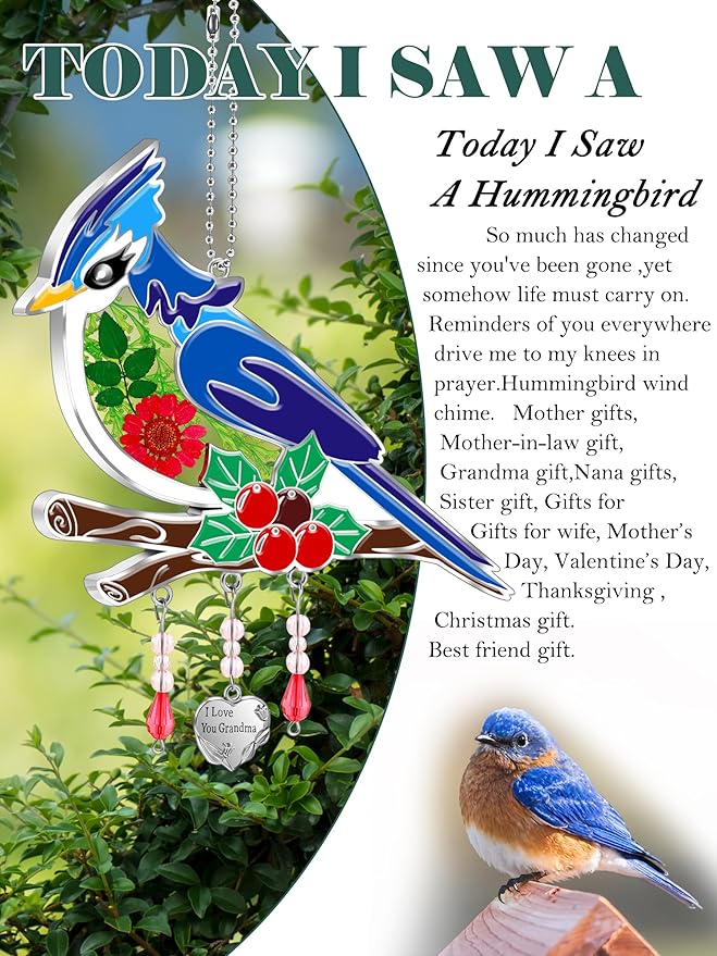 KY&BOSAM Blue Bird Suncatcher I Love You Grandma Glass Sun Catchers for Window Hanging Wind Chime Ornament with Real Flower and Metal Charm Birthday Gifts for Women Mother`s Day Valentine’s Christmas