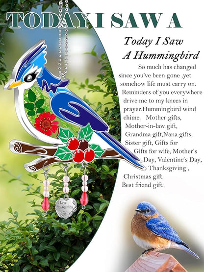 KY&BOSAM Blue Bird Suncatcher I Love You Grandma Glass Sun Catchers for Window Hanging Wind Chime Ornament with Real Flower and Metal Charm Birthday Gifts for Women Mother`s Day Valentine’s Christmas