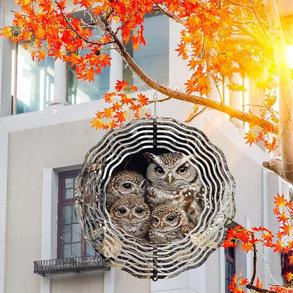 10 Inch Owl Wind Spinner, 3D Laser Cut Metal Hanging Kinetic Wind Rustproof Sculpture for Garden Yard Art Indoor Outdoor Window Porch Decor, Women Mom Wife Mothers Day Idea
