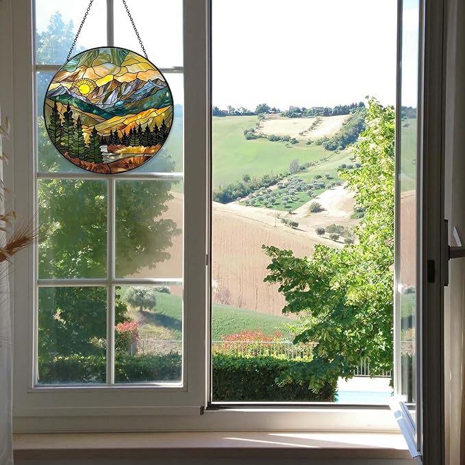 Mountain Range Sun Catcher Stained Glass Window Hanging for Women Wall DecorHandmade Sun Catcher Decoration for Garden Home Housewarming Gifts, 7.87inch