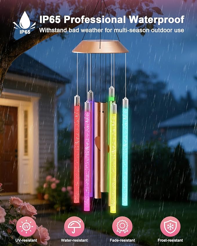 Nacome Solar Wind Chime Outdoor Indoor: Unique Gifts for Mom Grandma Women - Automatic LED Color Changing Light IP65 Waterproof Outside Decor for Garden Patio Balcony Porch(Copper)