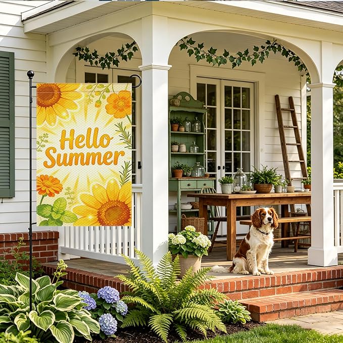 Hello Summer Sunflower Garden Flag 12x18 Inch Double Sided Bright Yellow Seasonal Outdoor Flag for Patio Porch Yard Decor