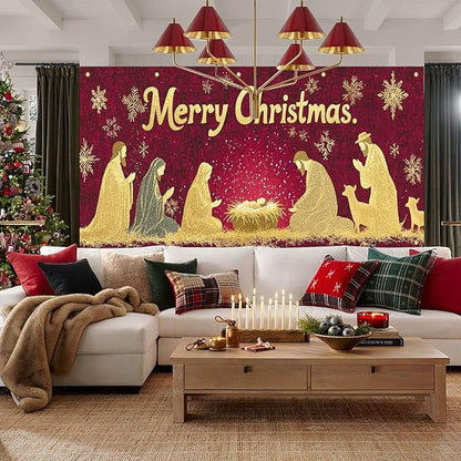 HOMETITUTE Merry Christmas Garage Door Banner 13x6ft Golden Glitter Nativity Scene Theme Backdrop Holiday Decor Winter Door Cover Banners for Outside Garage Wall Covering for Party Garage Decorations