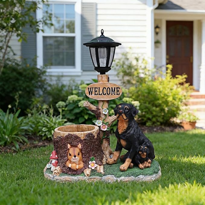Solar Garden Statue with Planter & Solar Lantern, Outdoor Resin Animal Sculpture, Waterproof Yard Lawn Decor Pot for Succulents, Front Porch Ornament Housewarming Gift (Mother and Son Rottweilers)