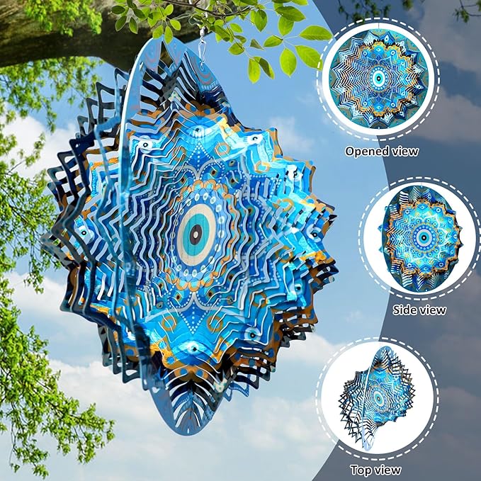 Aoedelyart Wind Spinners Outdoor Mandala Peacock Blue Eye‌,12In Stainless Steel Wind Spinner Hanging Garden Decor,Garden Gifts for Women,Men,Mother,Father,Wind Sculptures 3D Kinetic Yard Art Ornament