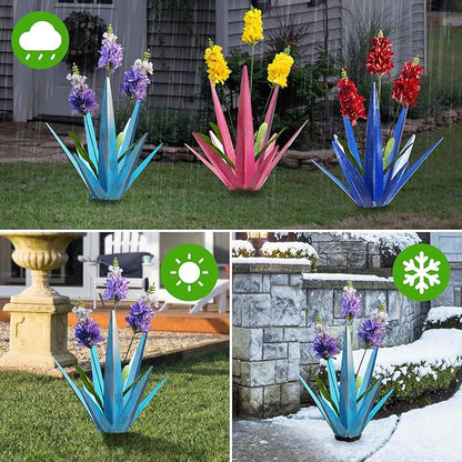 2PCS Large Metal Yard Art, Outdoor Metal Agave Plants, Tequila Rustic Sculpture, Garden Decoration Lavender Yard Art Plant (Sky Blue)