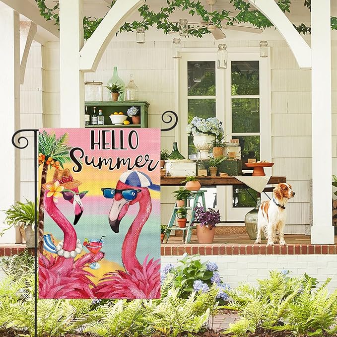 AVOIN colorlife Flamingo Hello Summer Garden Flag 12x18 Inch Double Sided, Welcome Seasonal Holiday Burlap Yard Outdoor Decoration