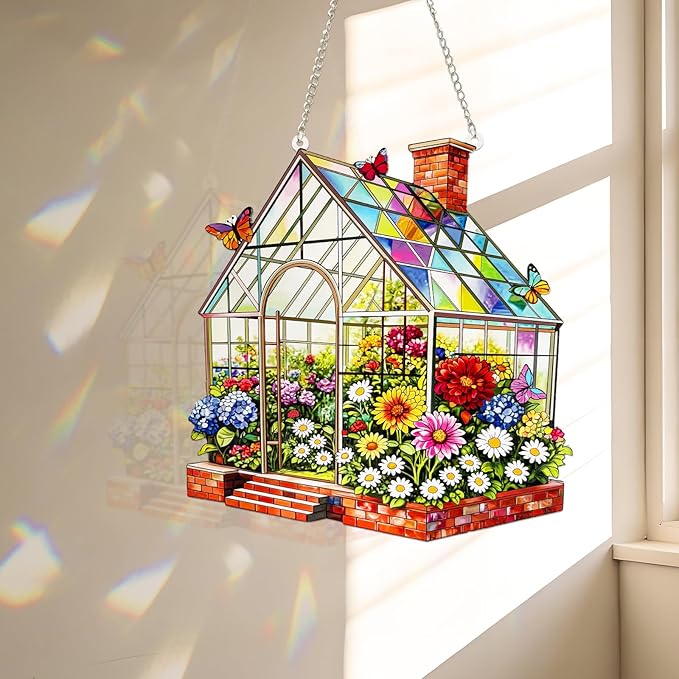 Stained Glass Suncatcher Window Hanging, Marzovitra 10 Inch Greenhouse Garden with Flowers Butterflies, Colorful Floral Real Glass Panel for Home Sunroom Patio Porch Indoor Outdoor Decor Gift Idea