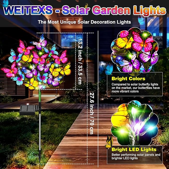 WEITEXS Solar Garden Lights Solar Lights Outdoor Waterproof Solar Lights 4 Pack with New Upgraded 144 LED 68 Butterflys Outdoor Solar Lights for Yard Outside Garden Pathway Decor Gifts for Women