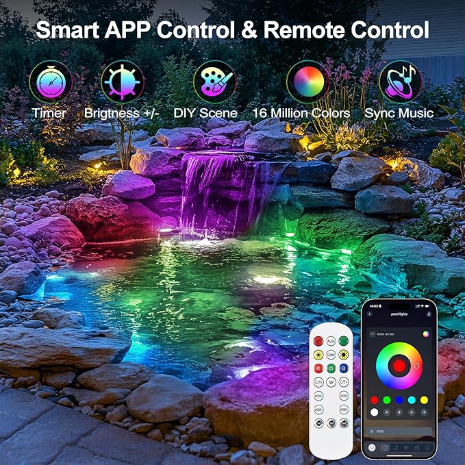 Pond Light with APP, 6W Frog Fountain Light led Underwater with 12V Transformer, IP68 Waterproof Underwater Pond Lights with Long Cable for Ponds Waterfall Fountain Water Feature, 4 SpotLights