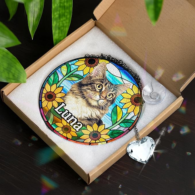 Personalized Pet Portrait Stained Glass Window Hanging, Loss of Dog Sympathy Gift Suncatcher, Cat Keepsake Bereavement Gift from Photo, Dog Memorial Suncatcher for Pet Lover, Cat Mom, Woman