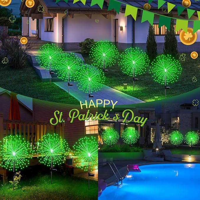 Tujoe 6 Pcs St. Patrick's Day Solar Firework Stake Lights 180 LED 8 Modes Waterproof LED Sparkler Lights Outdoor Decoration for Irish Garden Patio Yard Pathway Walkway Lawn, Green