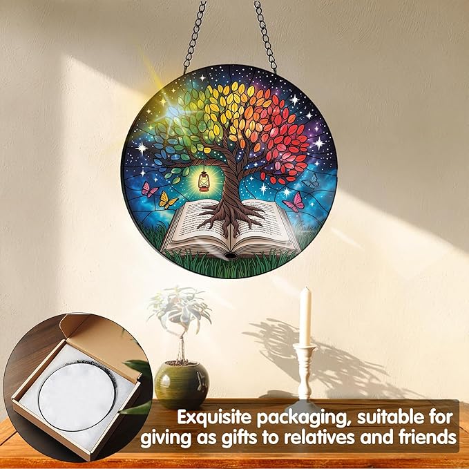 VAIIEYO Tree Sun Catcher Stained Glass Window Hanging Ornament, Handmade Sun Catcher Plant Decoration with Hooks for Window Garden Home, Mother's Day & Birthday Housewarming Gift (7.8 inch)