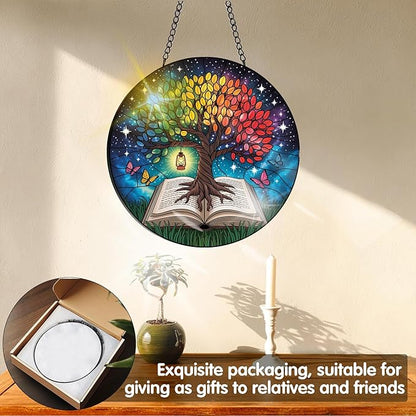 VAIIEYO Tree Sun Catcher Stained Glass Window Hanging Ornament, Handmade Sun Catcher Plant Decoration with Hooks for Window Garden Home, Mother's Day & Birthday Housewarming Gift (7.8 inch)