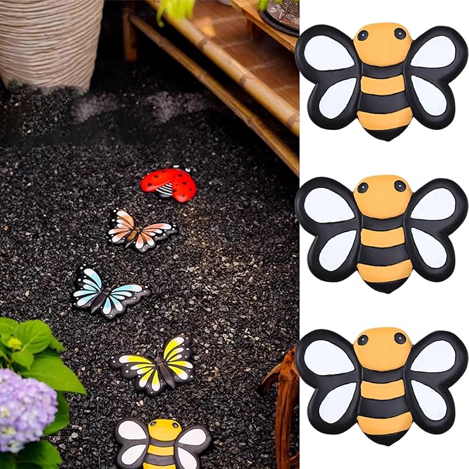 Stepping Stone Yard Walkway Step Stones Set of 3, Animal Stepping Gardening Stone for Flower Beds Lawn Decorative, Path Resin Stepping Stone Ornaments(Color:Bees)