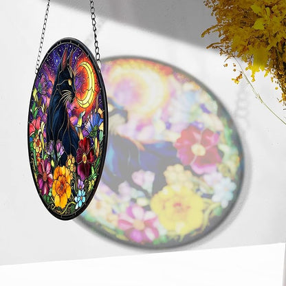 7.8" Black Cat Suncatcher Stained Glass Hanging Window Halloween Sun Catcher Gothic Ornaments Wall Art Home Room Kitchen Garden Decor Birthday for Women Men Cats Lovers