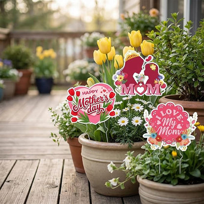 Rngmsi Mothers Day Plant Stakes Flower Pots Signs, 6PCS Happy Mother's Day Metal Garden Stakes Decorative Outdoor, Best Mom Ever Yard Decor for Home Lawn Party Supplies