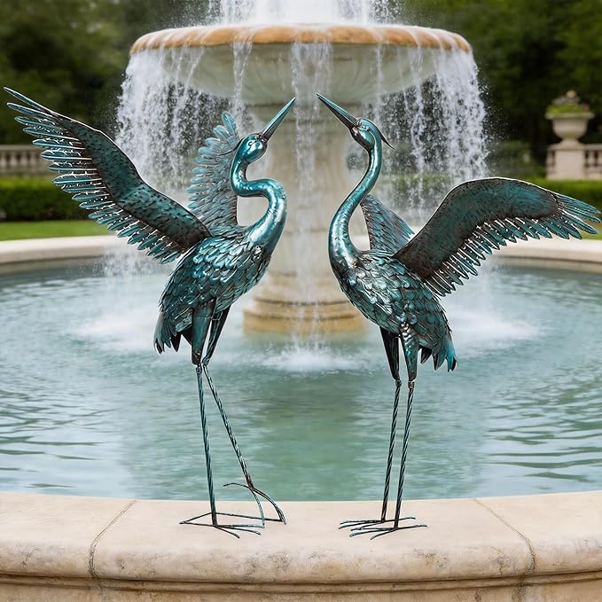 chisheen Garden Statue Outdoor Metal Heron Crane Yard Art Sculpture for Lawn Patio Backyard Decoration,46 inch (2-Pack) (Blue&Black)