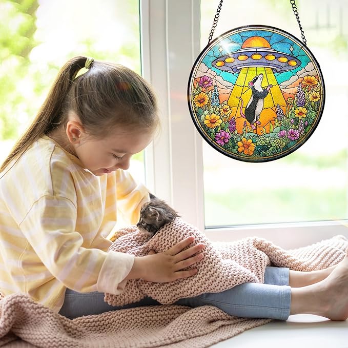7.8 Inch Stained Glass Window Hanging UFO Mouse Sun Catcher Indoor Window Door Wall Yard Home Decor Stained Glass Ornament Colorful Glass Panel Suncatcher Gifts for Women Men Mom Art Lover Astronomer