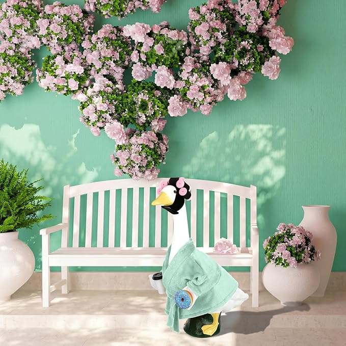 Porch Goose Outfits for 23 Inch Lawn Goose Statue, Green Bathrobe Clothes with Hair Curlers, Coffee Cup & Donut Accessories for Funny Spa Yard Garden Patio Decor