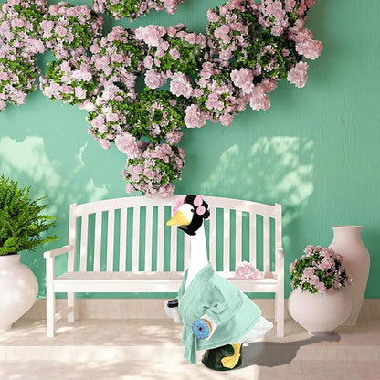 Porch Goose Outfits for 23 Inch Lawn Goose Statue, Green Bathrobe Clothes with Hair Curlers, Coffee Cup & Donut Accessories for Funny Spa Yard Garden Patio Decor