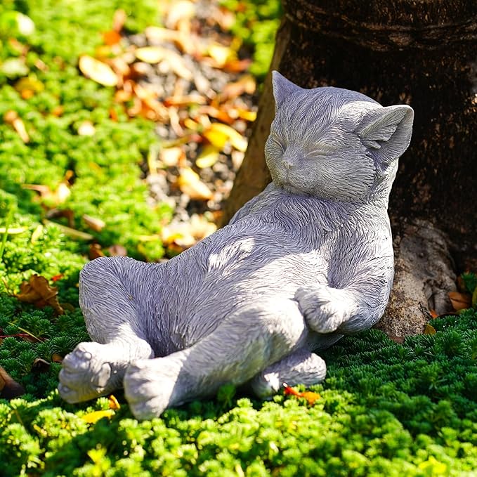 Cat Memorial Stone Garden Statue, Pet Statue Gifts for Loss of Cat Sympathy, Grave Markers for Garden Outdoor Decor, 9.8” L Weatherproof Lazy Tabby Figurine, Outdoor Patio Accent Yard Decoration