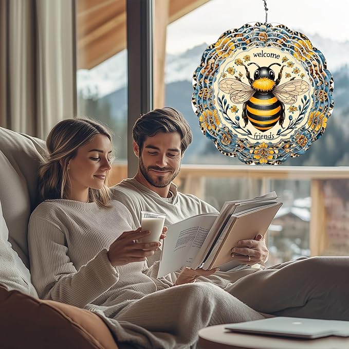 Bee Wind Spinners Outdoor, Hanging Wind Spinner for Garden Decoration, 8 inch 3D Stainless Steel Metal Wind Sculpture for Indoor/Outdoor Decor