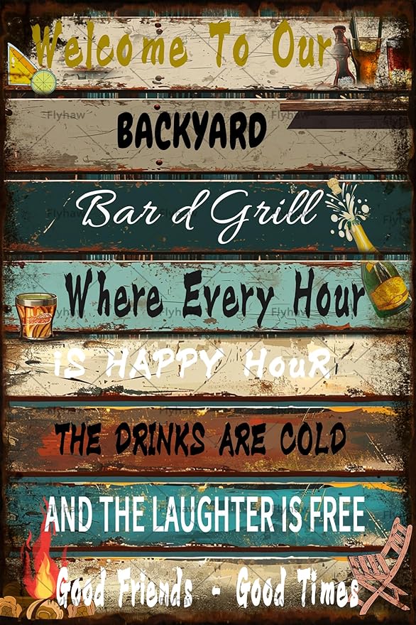 Flyhaw Backyard Bar Sign Grill Rules Tin Poster Backyard Signs Funny Rules Sign Porch Tin Poster Outdoor Plaque12x8 Inches