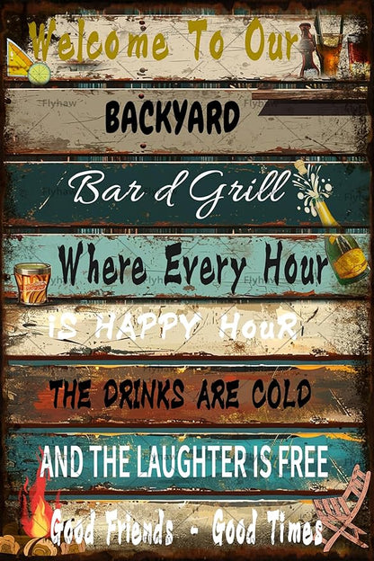 Flyhaw Backyard Bar Sign Grill Rules Tin Poster Backyard Signs Funny Rules Sign Porch Tin Poster Outdoor Plaque12x8 Inches