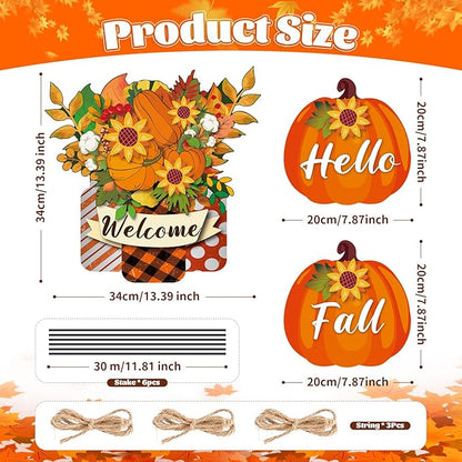 3 Pcs Metal Pumpkin Yard Stakes with Welcome Sign Hello Fall Pumpkin Yard Signs Hanging Wall Decor Farmhouse Decorative Garden Stakes for Autumn Harvest Thanksgiving Outdoor Walkway Decor