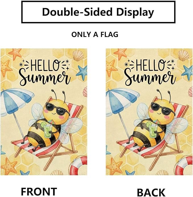Hello Summer Bee Beach Garden Flag 12x18 Inch Double Sided Seasonal Holiday Burlap Yard Pool Outdoor Decorations